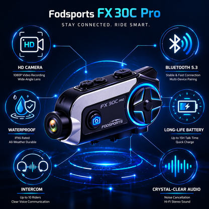 Fodsports FX30C PRO Wireless Motorcycle Helmet Headset 1080P Camera 1000M MESH Bluetooth Intercom for Motorcycle Riding